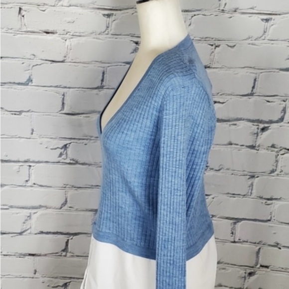 Veronica Beard Lydia Mixed Media V-Neck Pullover in Blue - Picture 3 of 9